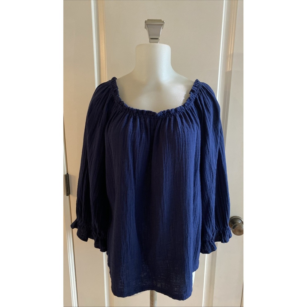 Lands‎ End 100% Cotton Gauze Blue 3/4 Sleeve Size XL/18 Top Boho Beachy Resort
